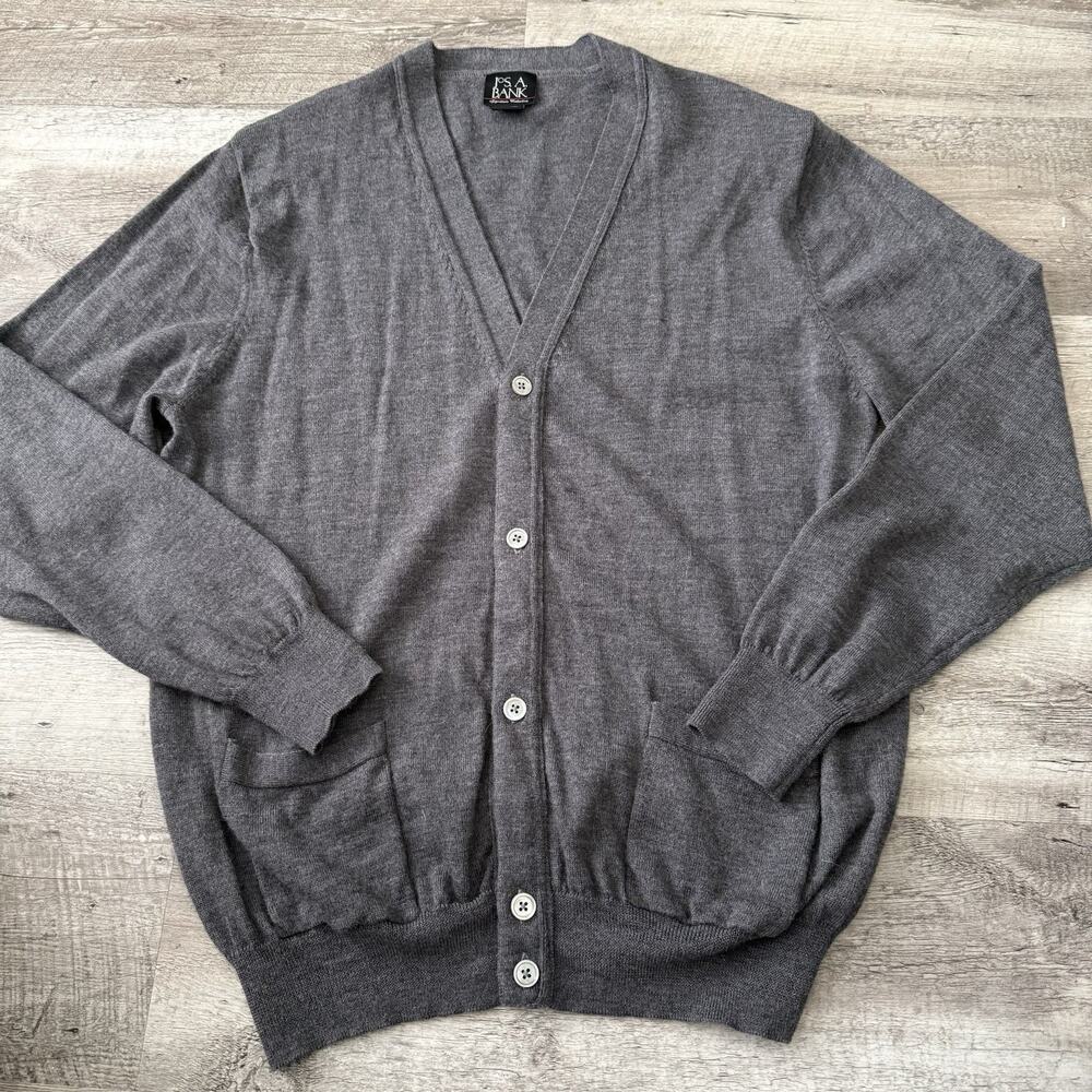 Jos. A. Bank Cardigan Sweater Mens XL Gray 100% Merino Wool Light Knit w Pockets